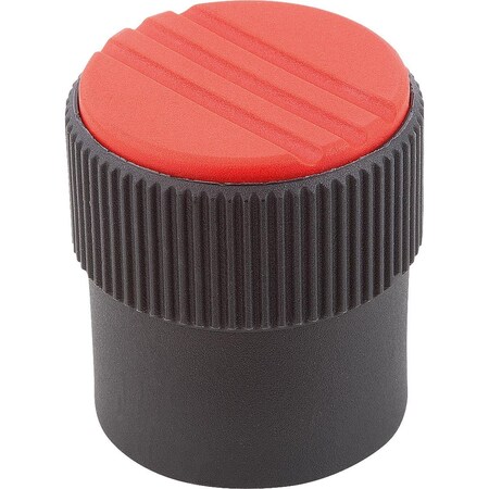 Kipp Knurled Knob Size:3, D1=34, H=36, D=8, Form:A, Plastic Black Ral7021, Comp:Steel, Cap:Red Ral3020 K0248.13086